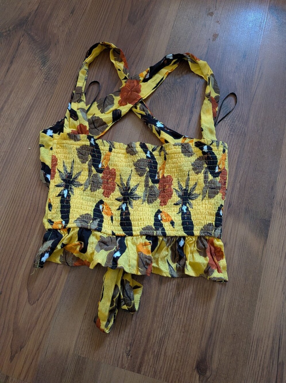 Forever 21 Yellow Tropical Print Smocked Crop Top With Back Tie In Excellent Con